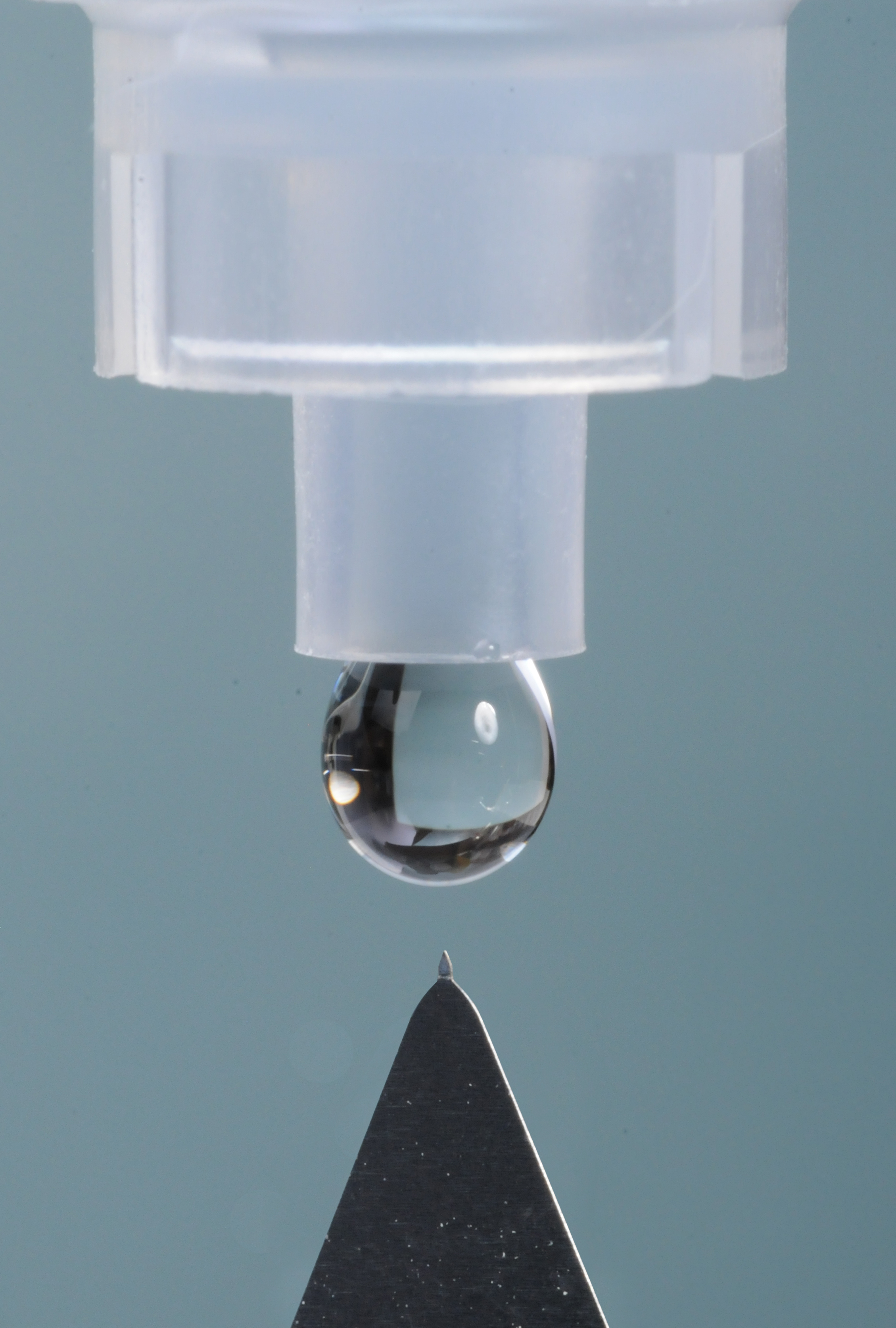 A solid microneedle coated with medication for delivery into the cornea is shown next to a liquid drop from a conventional eye dropper. (Photo credit: Gary Meek).