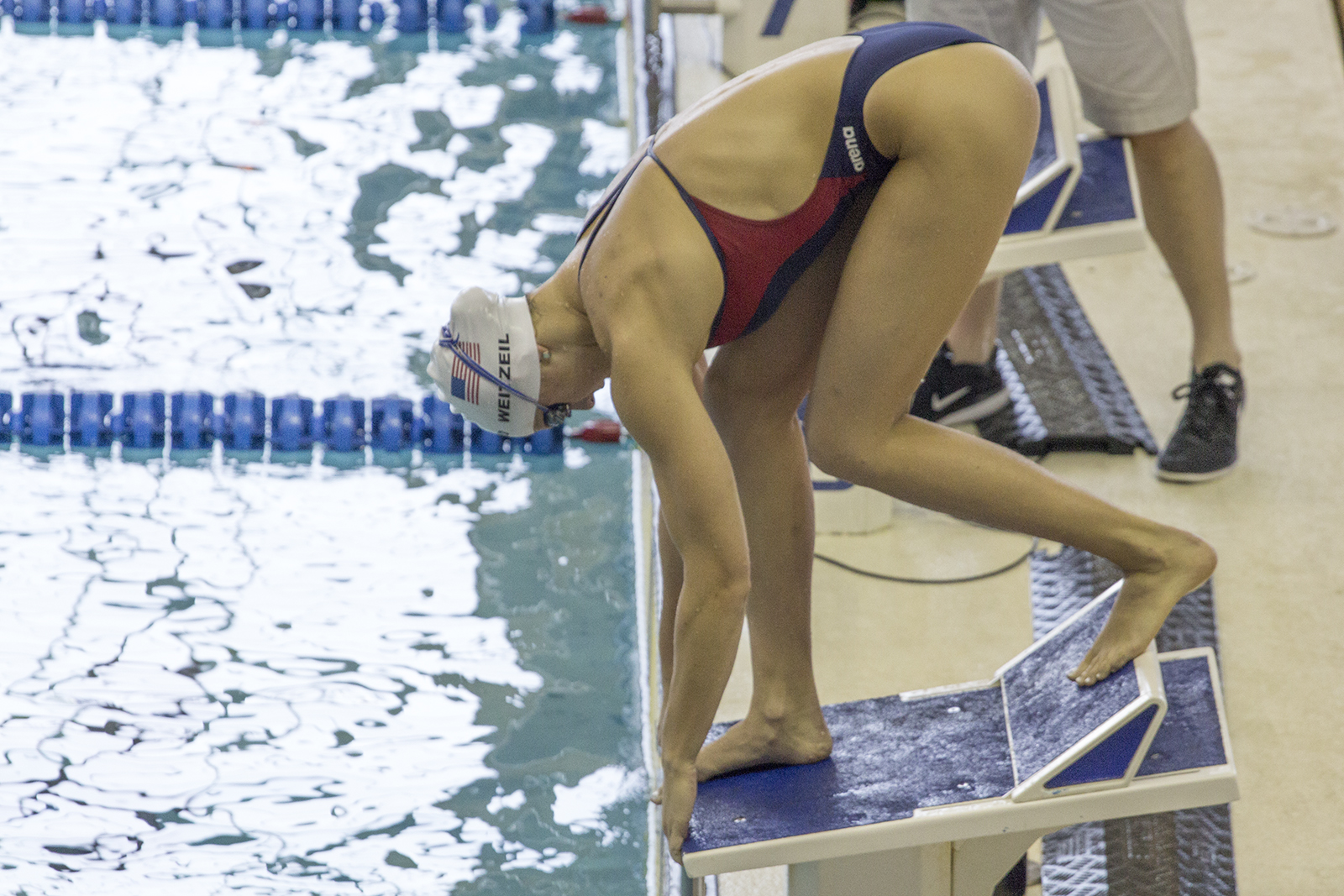 Abbey Weitzeil prepares to dive off a block at an open practice session at Georgia Tech's McAuley Aquatic Center on July 30, 2016