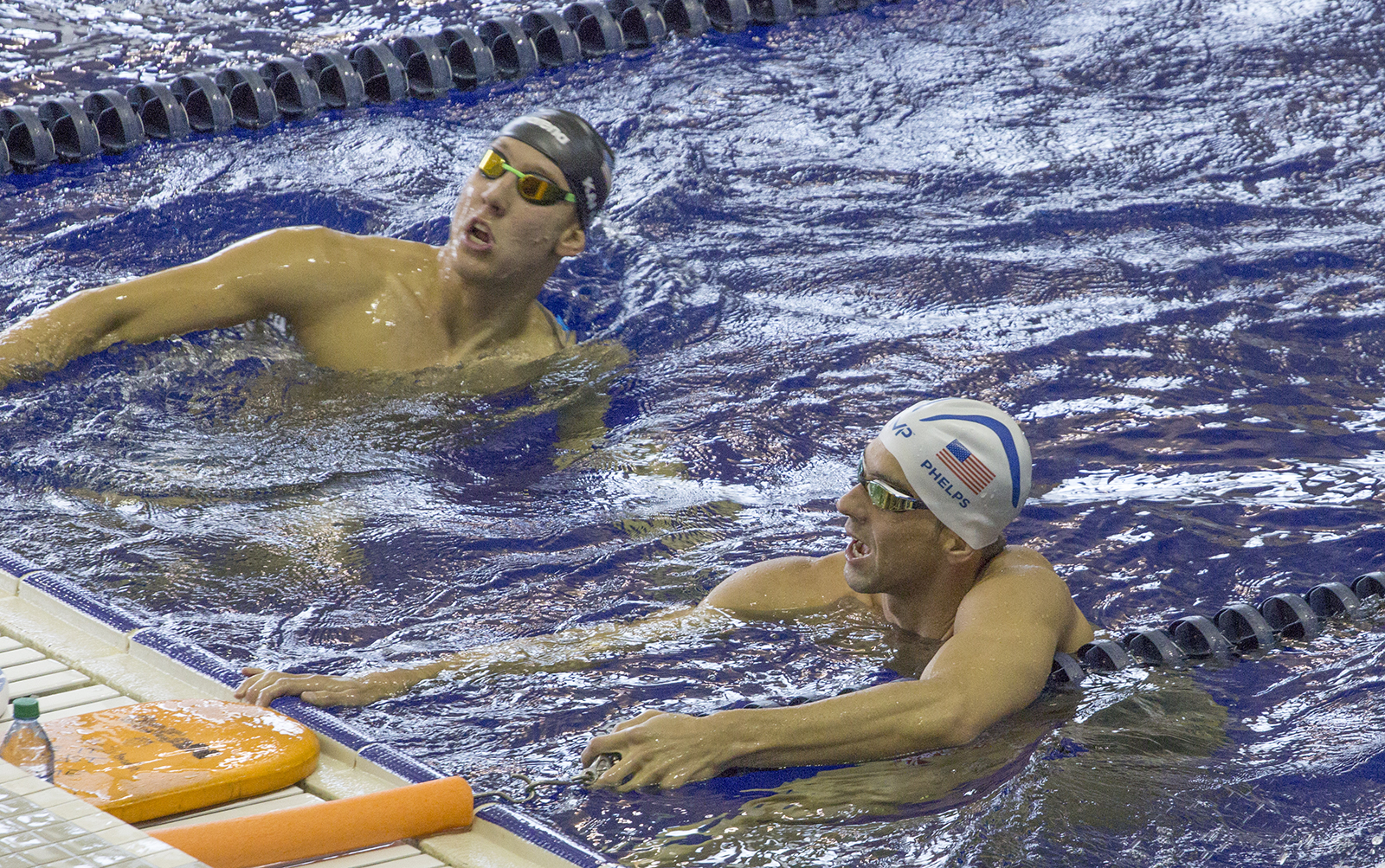 Chase Kalisz and Michael Phelps at an open training session at Georgia Tech's McAuley Aquatic Center on July 30, 2016