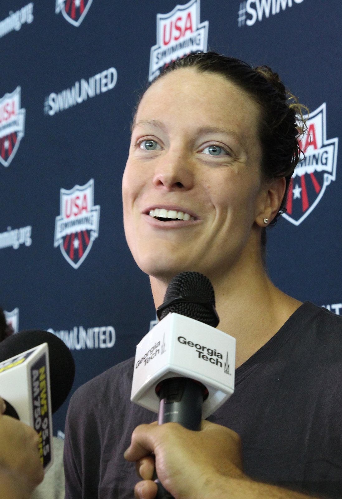 Amanda Weir talks with media at an open practice session at Georgia Tech's McAuley Aquatic Center on July 30, 2016