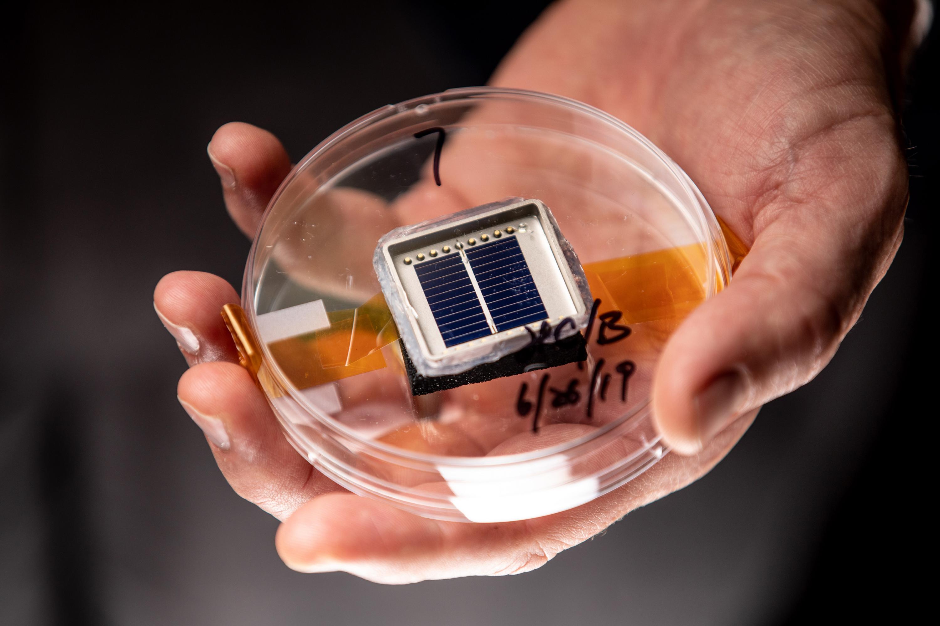 A silicon solar cell fabricated in the University Center of Excellence in Photovoltaic Research and Education. (Photo: Branden Camp, Georgia Tech)