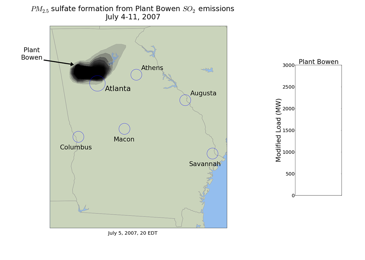 A still frame from the air quality prediction model shows the expected location of impacts from the emissions of an electric generation facility in Georgia, based on data from 2007. Limiting the output of the plant when the impacts are occurring in major population centers could reduce health effects of the emissions. (Credit: Georgia Tech)