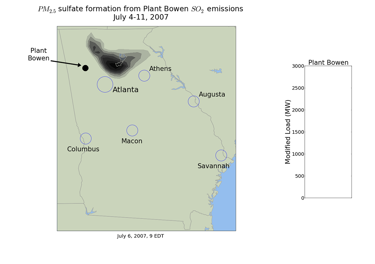 A still frame from the air quality prediction model shows the expected location of impacts from the emissions of an electric generation facility in Georgia, based on data from 2007. Limiting the output of the plant when the impacts are occurring in major population centers could reduce health effects of the emissions. (Credit: Georgia Tech)