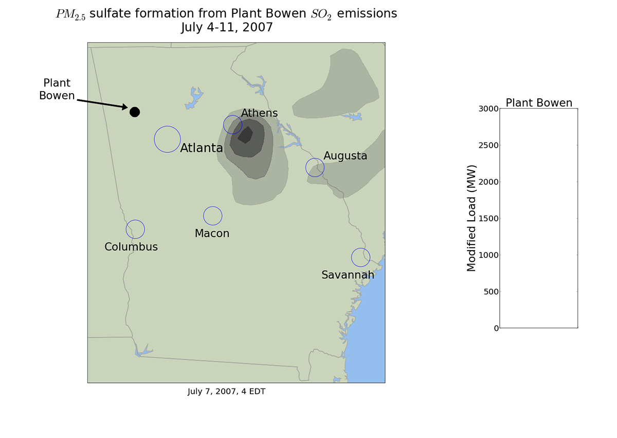 A still frame from the air quality prediction model shows the expected location of impacts from the emissions of an electric generation facility in Georgia, based on data from 2007. Limiting the output of the plant when the impacts are occurring in major population centers could reduce health effects of the emissions. (Credit: Georgia Tech)
