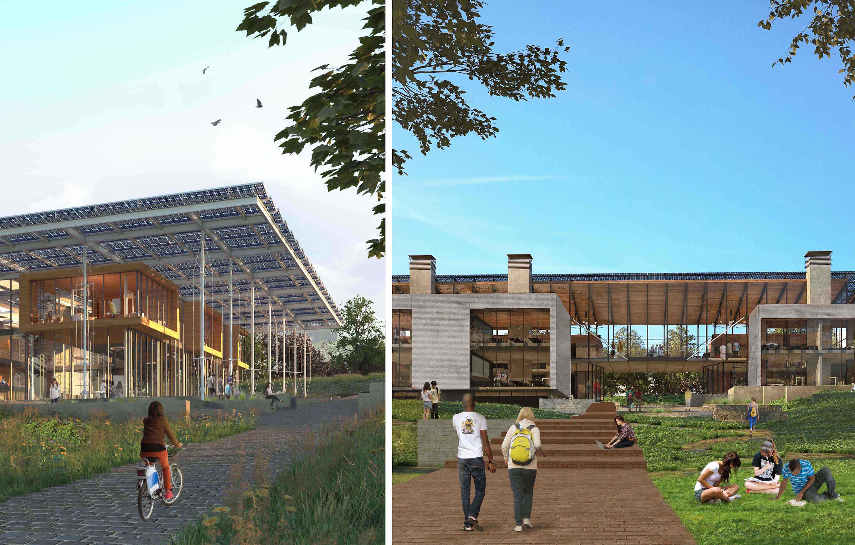 Renderings created by Lord Aeck Sargent and The Miller Hull Partnership during the ideas competition, (left) the "porch scheme" with views to the Georgia Tech Eco-commons and (right) the "bridge scheme" spanning across a re-envisioned Dalney Street.