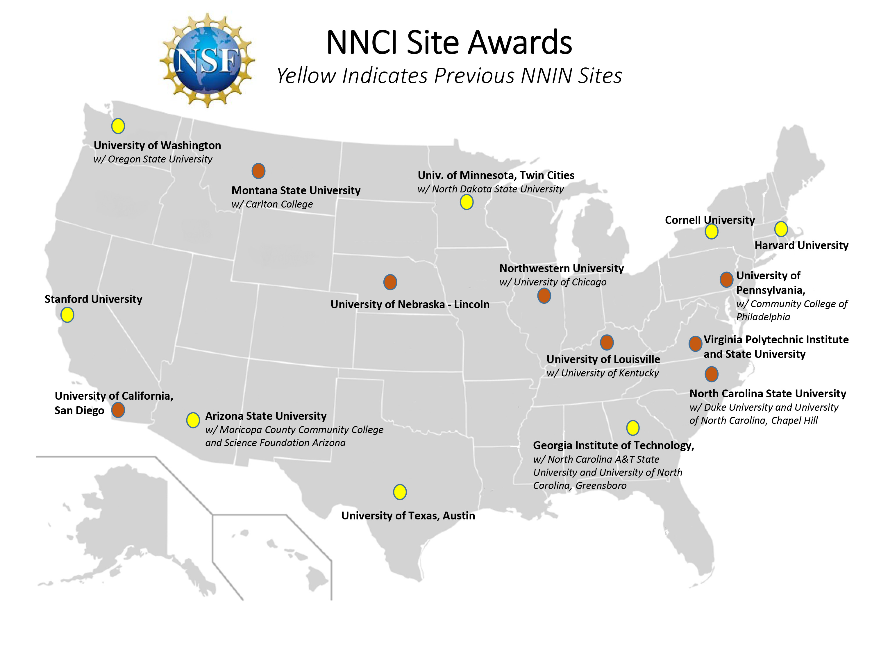 This map shows the locations of National Nanotechnology Coordinated Infrastructure (NNCI) sites. 