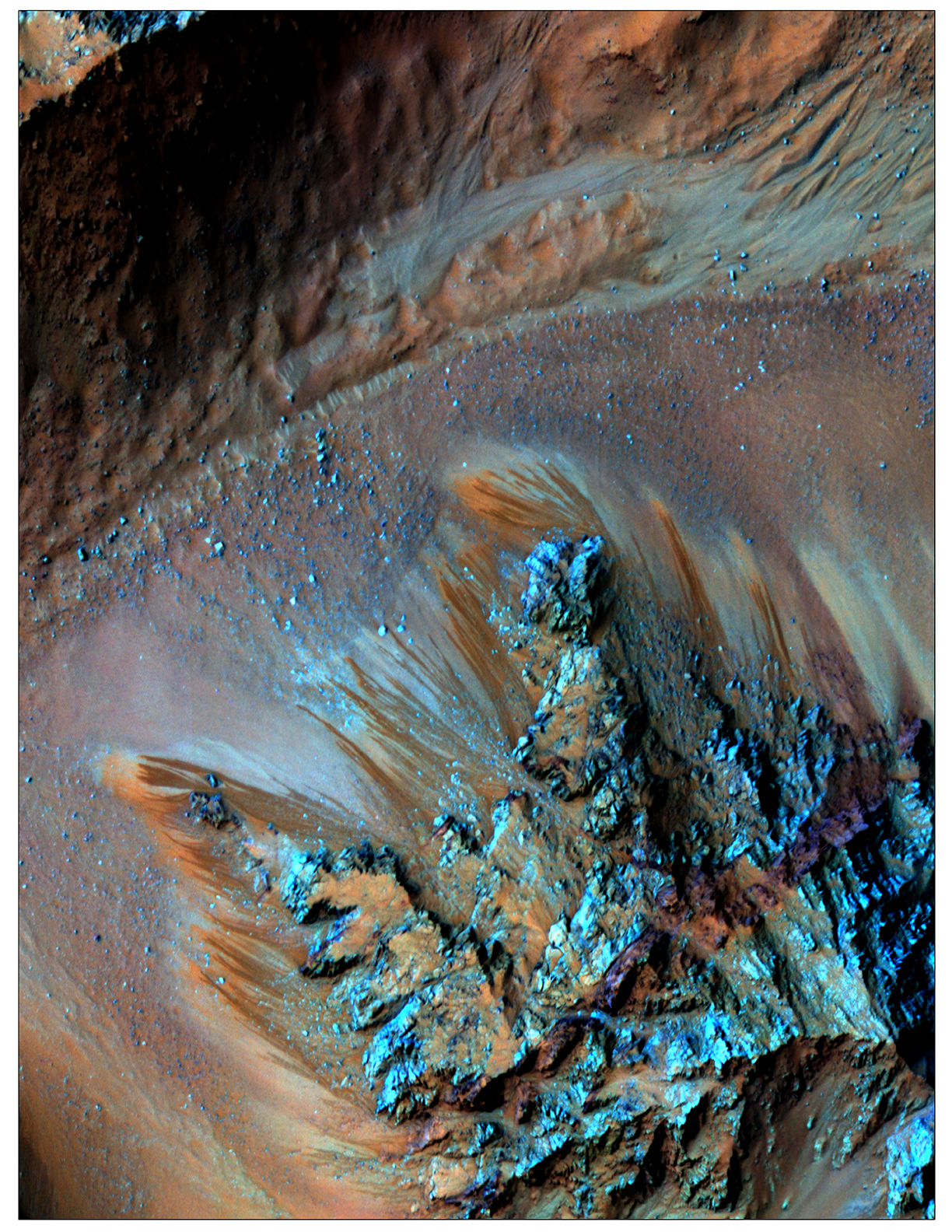 False color image recurring slope lineae flowing downhill on Mars. Georgia Tech researchers led a study that detected hydrated salts on these slopes at Hale Crater. Image credit: NASA/University of Arizona