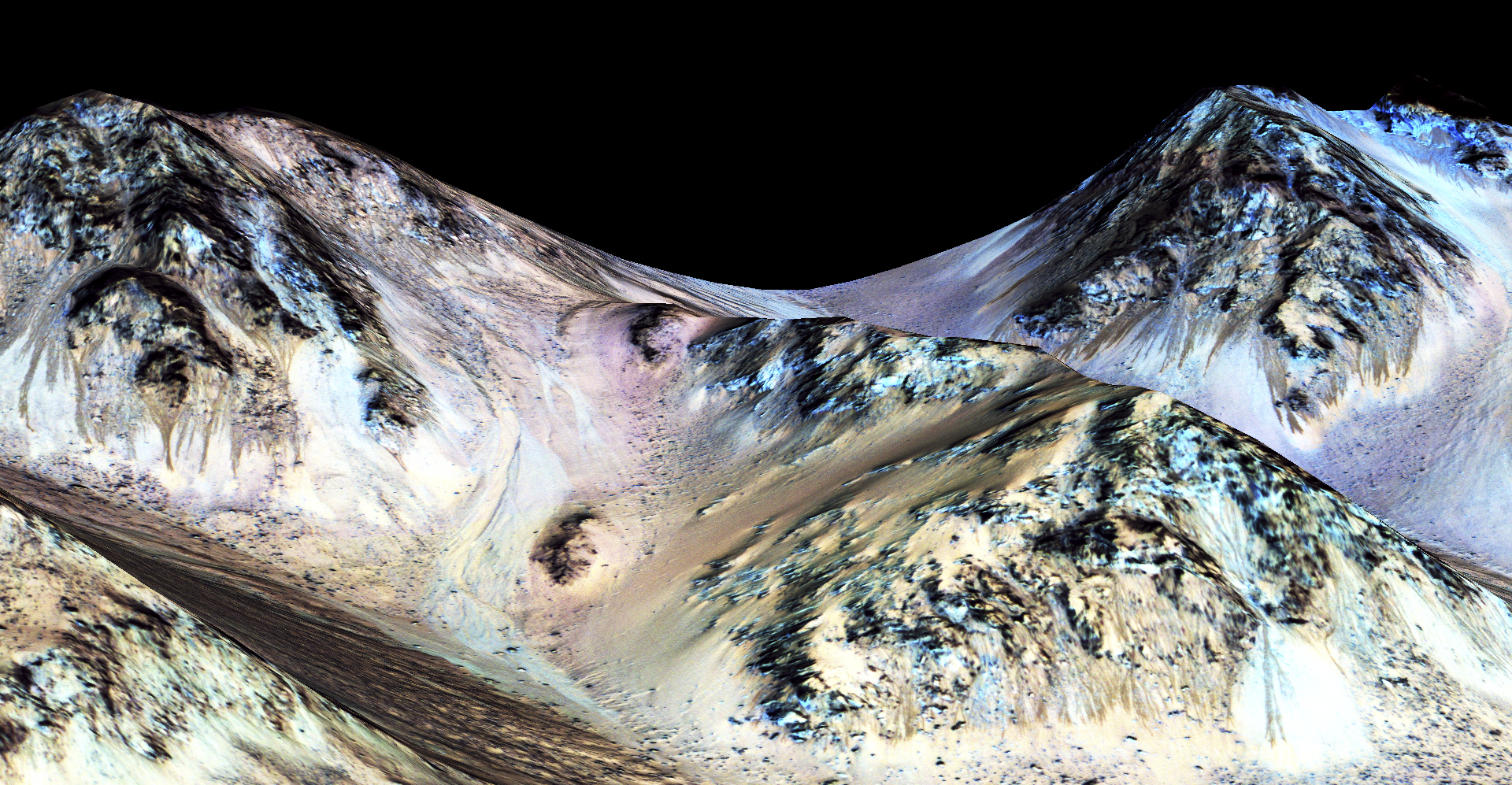 False-color photo of streaks, believed to be flowing water on Mars, at Hale Crater. Image credit: NASA/JPL/University of Arizona