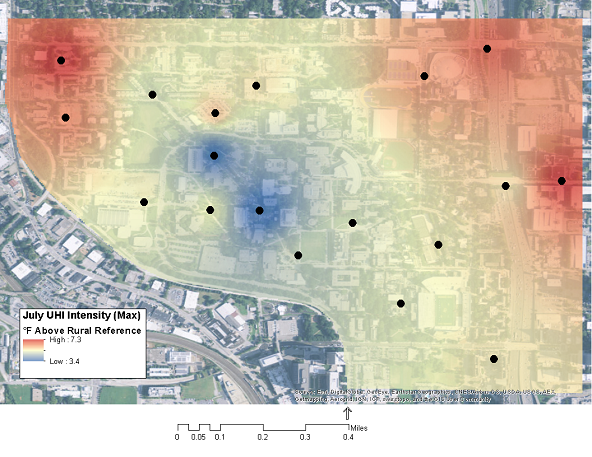 This map displays urban heat island (UHI) intensity for average maximum air temperatures over July 2015. The map shows air temperature differences between select campus locations (black circles) and a nearby natural space, the urban forest within the Atlanta Botanical Garden, which served as a rural reference point for air temperature comparison.