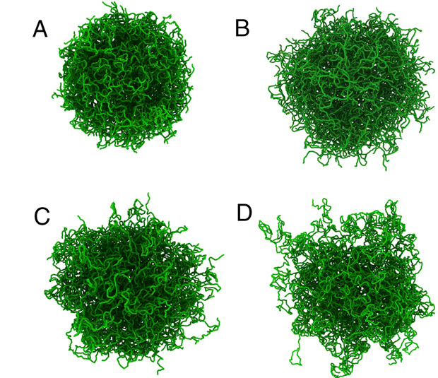 Simulation snapshots of swollen microgel particles. (Top) Microgels that have a uniform cross-link distribution, and (Bottom) microgels that have a Gaussian cross-link distribution. (Credit: Georgia Tech)