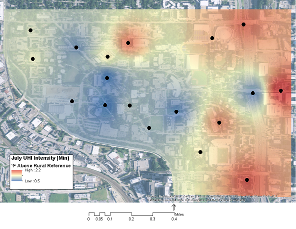 This map displays urban heat island (UHI) intensity for average minimum air temperatures over July 2015. The map shows air temperature differences between select campus locations (black circles) and a nearby natural space, the urban forest within the Atlanta Botanical Garden, which served as a rural reference point for air temperature comparison.