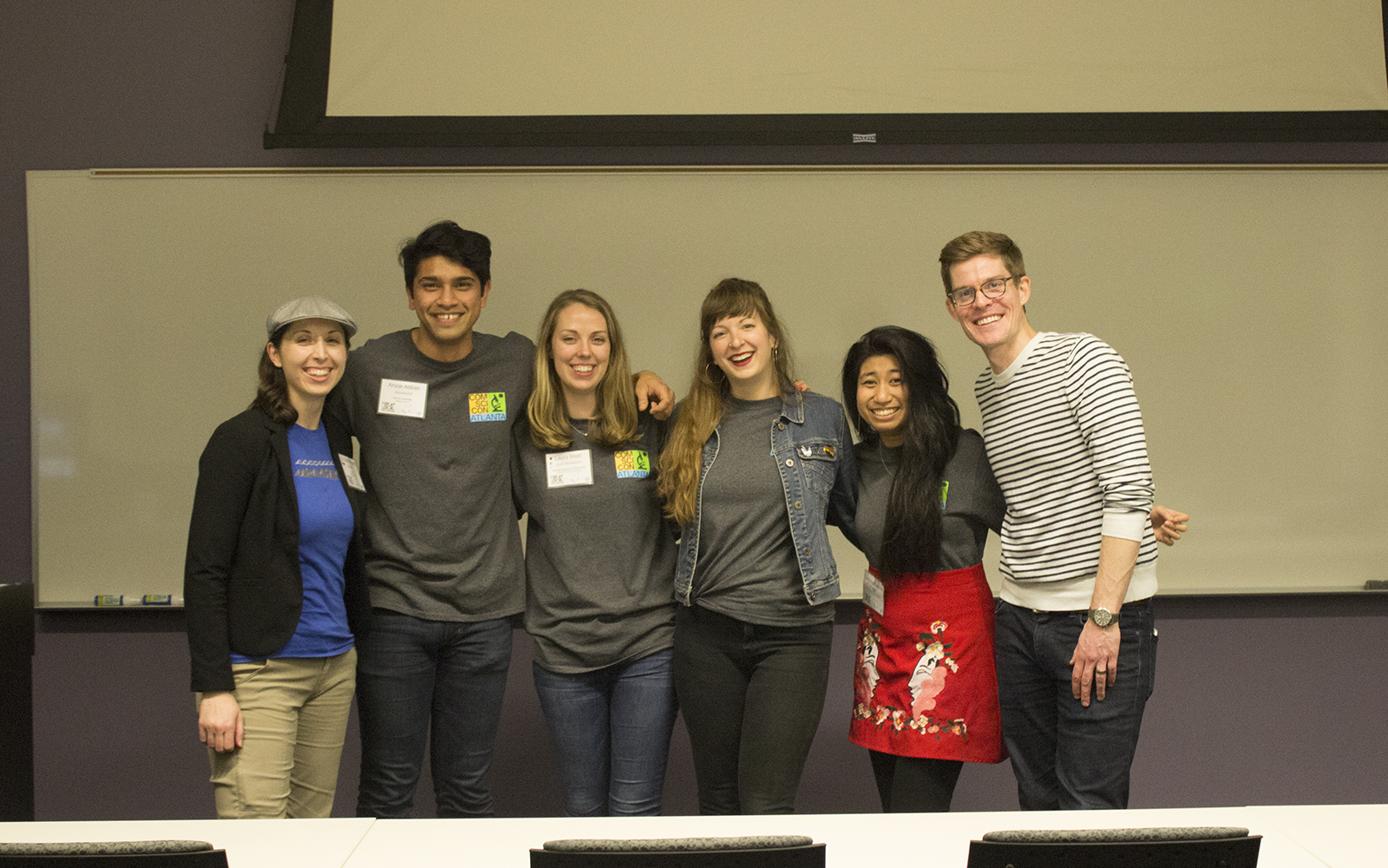 The ComSciCon ATL 2018 Team with FYFD creator Nicole Sharp and It's Okay to Be Smart Host/Writer/Creator Joe Hanson (Pictured from left to right: Dr. Nicole Sharp, Anzar Abbas, Laura Mast, Dr. Kelly Vinal, Carleenmae Sabusap, and Dr. Joe Hanson)

 