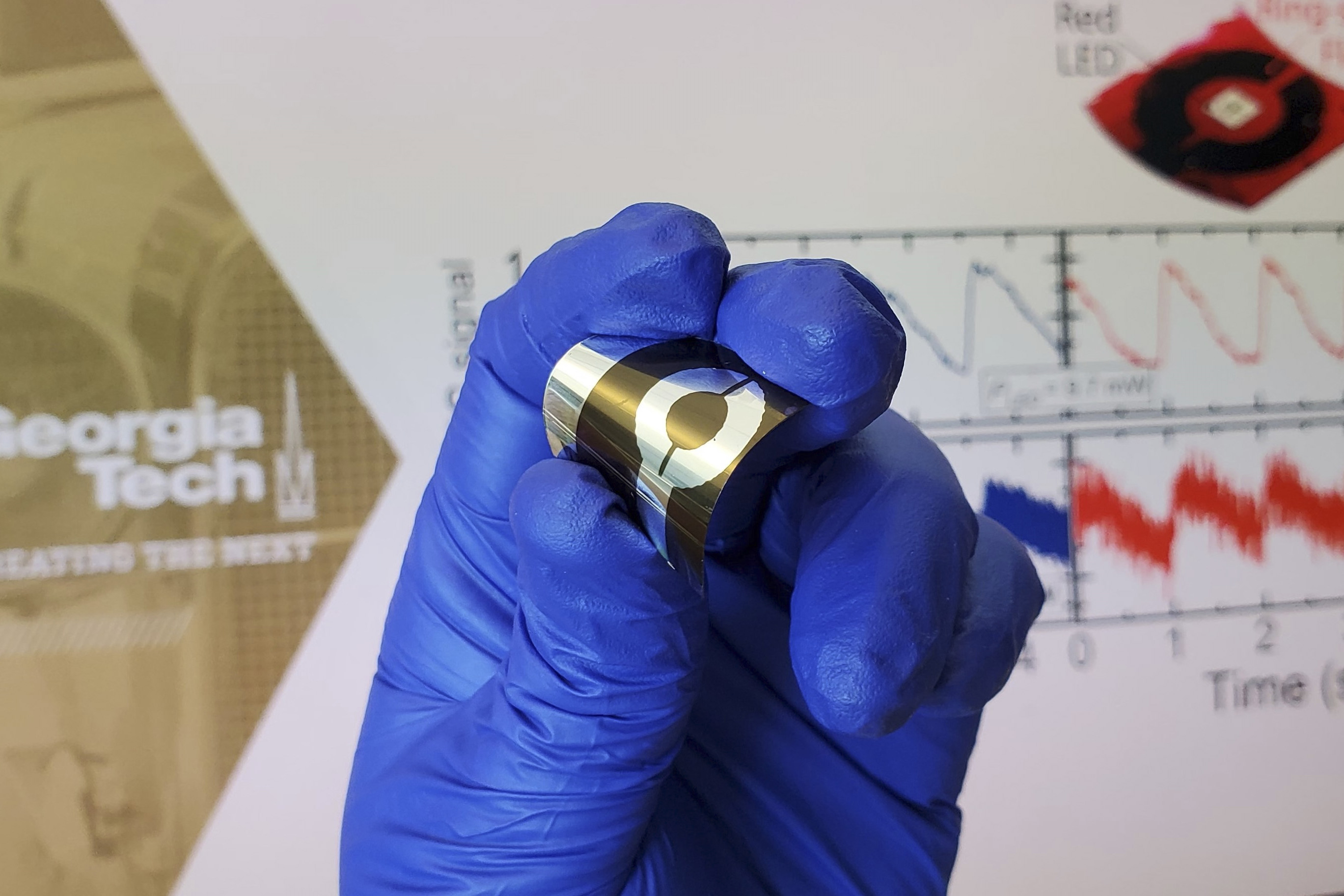 Flexible ring-shaped, large-area organic photodiodes can improve performance of wearable sensors that monitor cardiac and pulmonary health. (Credit: Canek Fuentes-Hernandez, Georgia Tech)