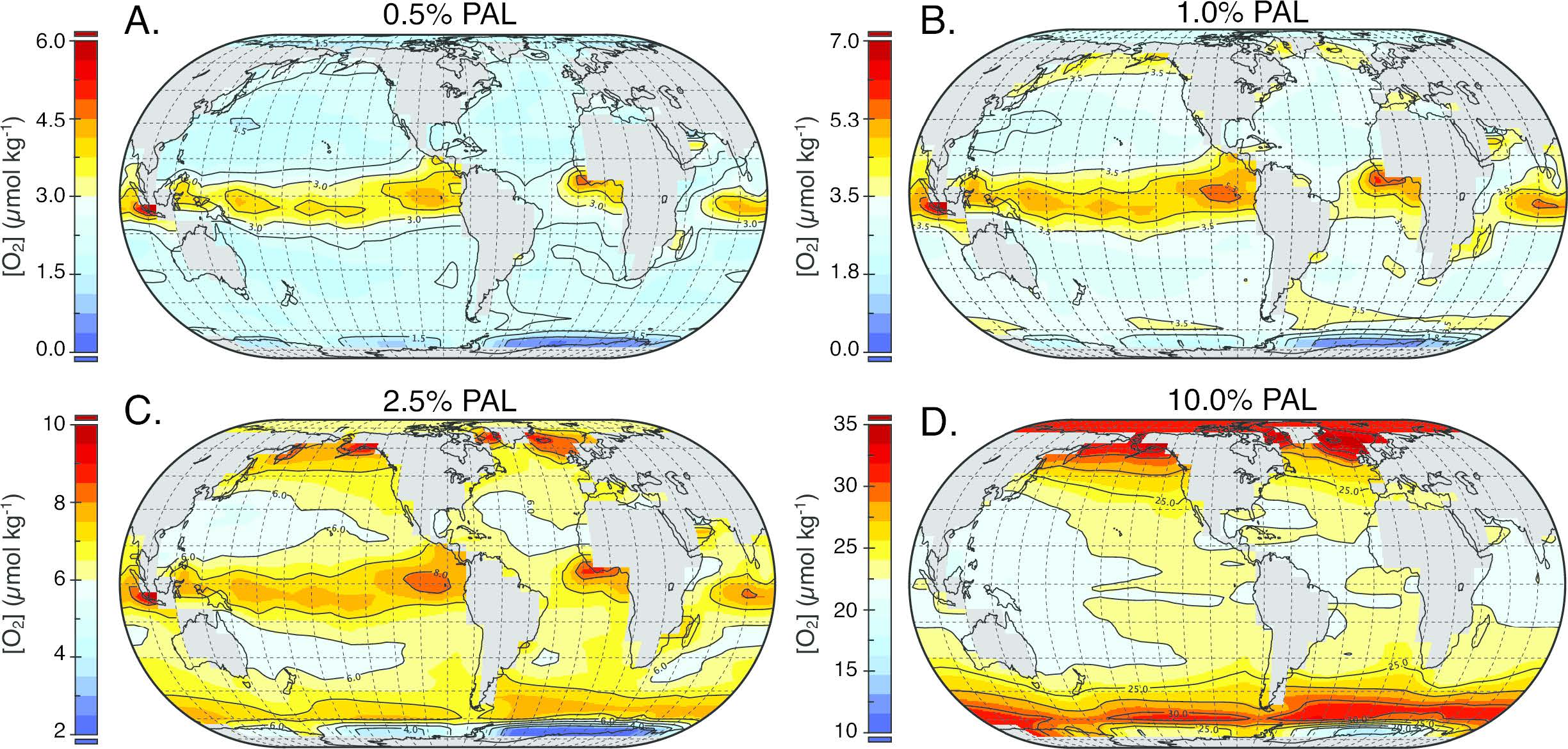 A team led by Chris Reinhard simulated oceanic oxygen distributions during the Proterozoic Eon with the help of computational modeling. The depictions represent distributions corresponding to varying levels of atmospheric oxygen ranging from 0.5 to 10 percent.