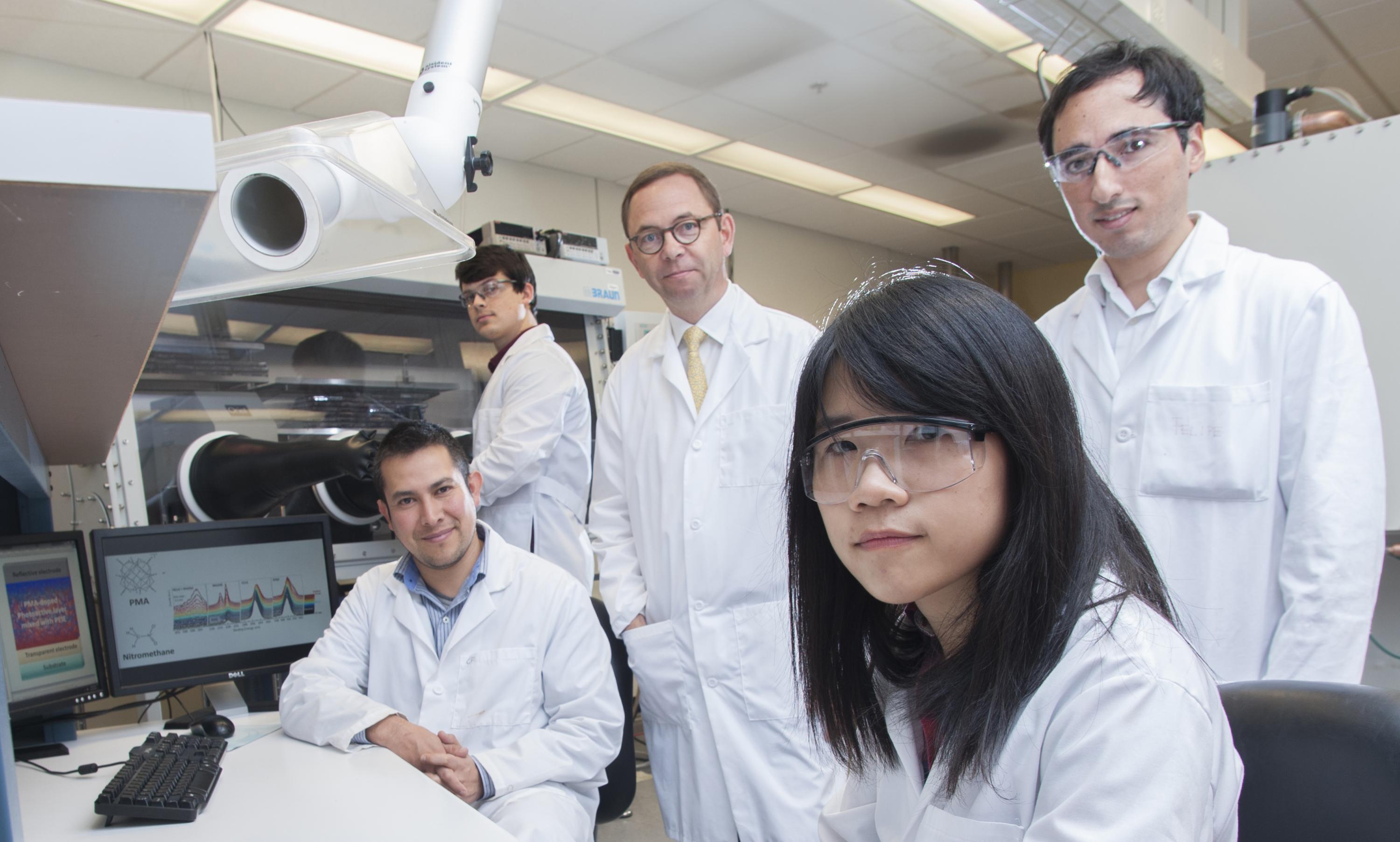 The leading team of scientists at Georgia Tech that developed the new solution-based electrical doping technique for organic semiconductors. Shown are (l-r) senior research scientist Canek Fuentes-Hernandez, graduate student Vladimir Kolesov, professor Bernard Kippelen, and graduate students Wen-Fang Chou and Felipe Larrain. (Credit: Christopher Moore, Georgia Tech)