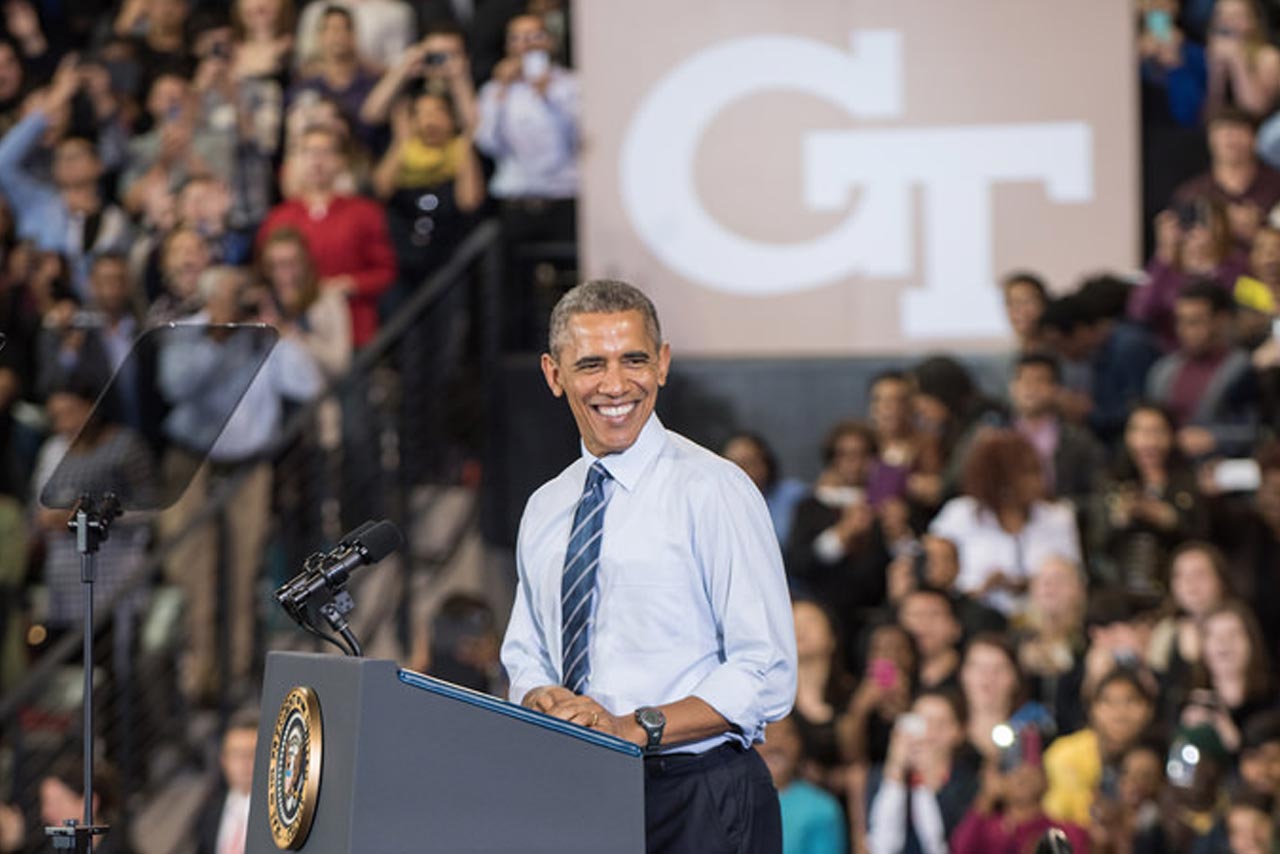 President Barack Obama gave shout-outs to George P. Burdell, the Ramblin’ Wreck, and even thermodynamics homework when he came to Georgia Tech on March 10 to announce his Student Aid Bill of Rights.