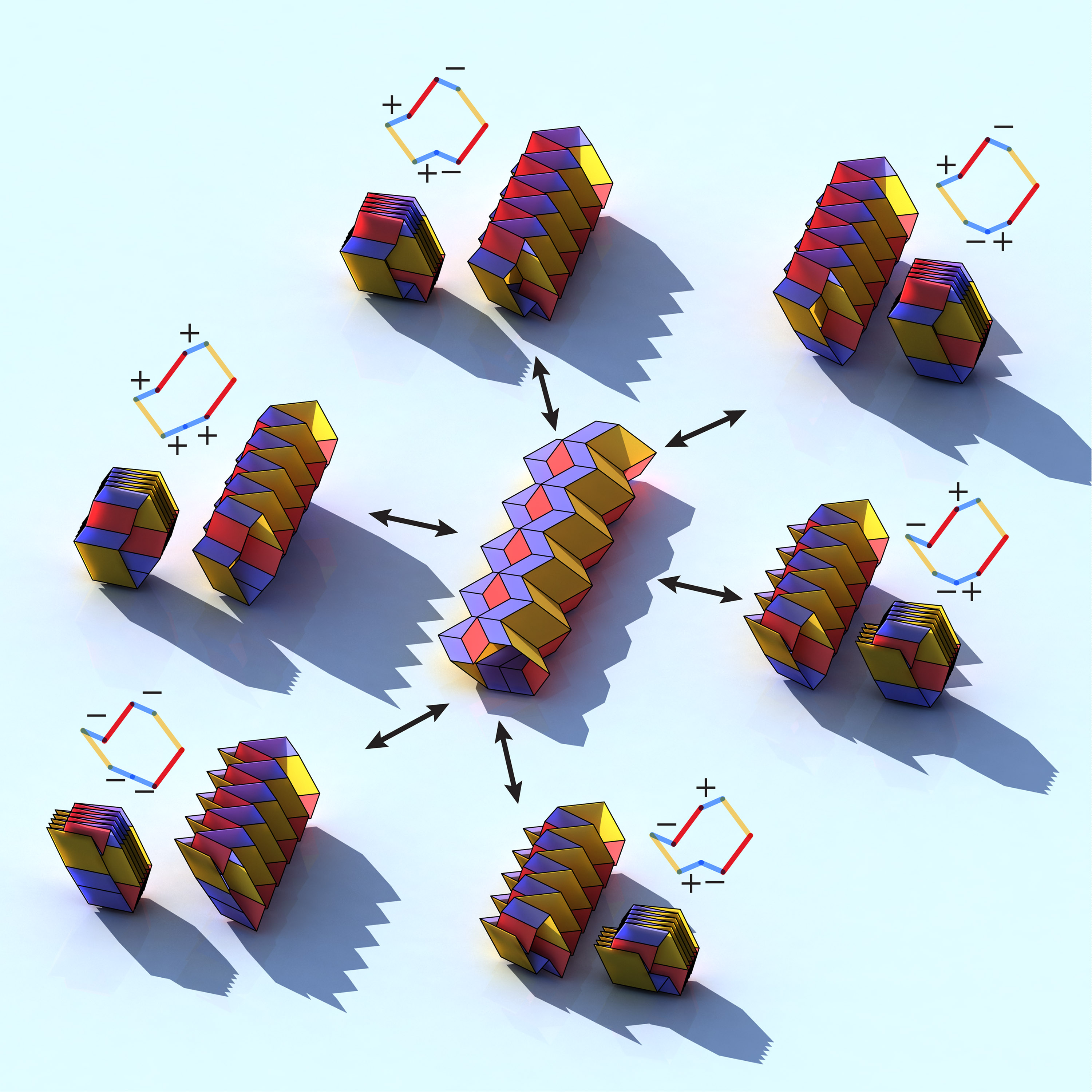 This illustration shows six different configurations that can be produced from a single origami tube through the redeployment of certain folds. (Credit: Evgueni Filipov, Glaucio Paulino, and Tomohiro Tachi.)
