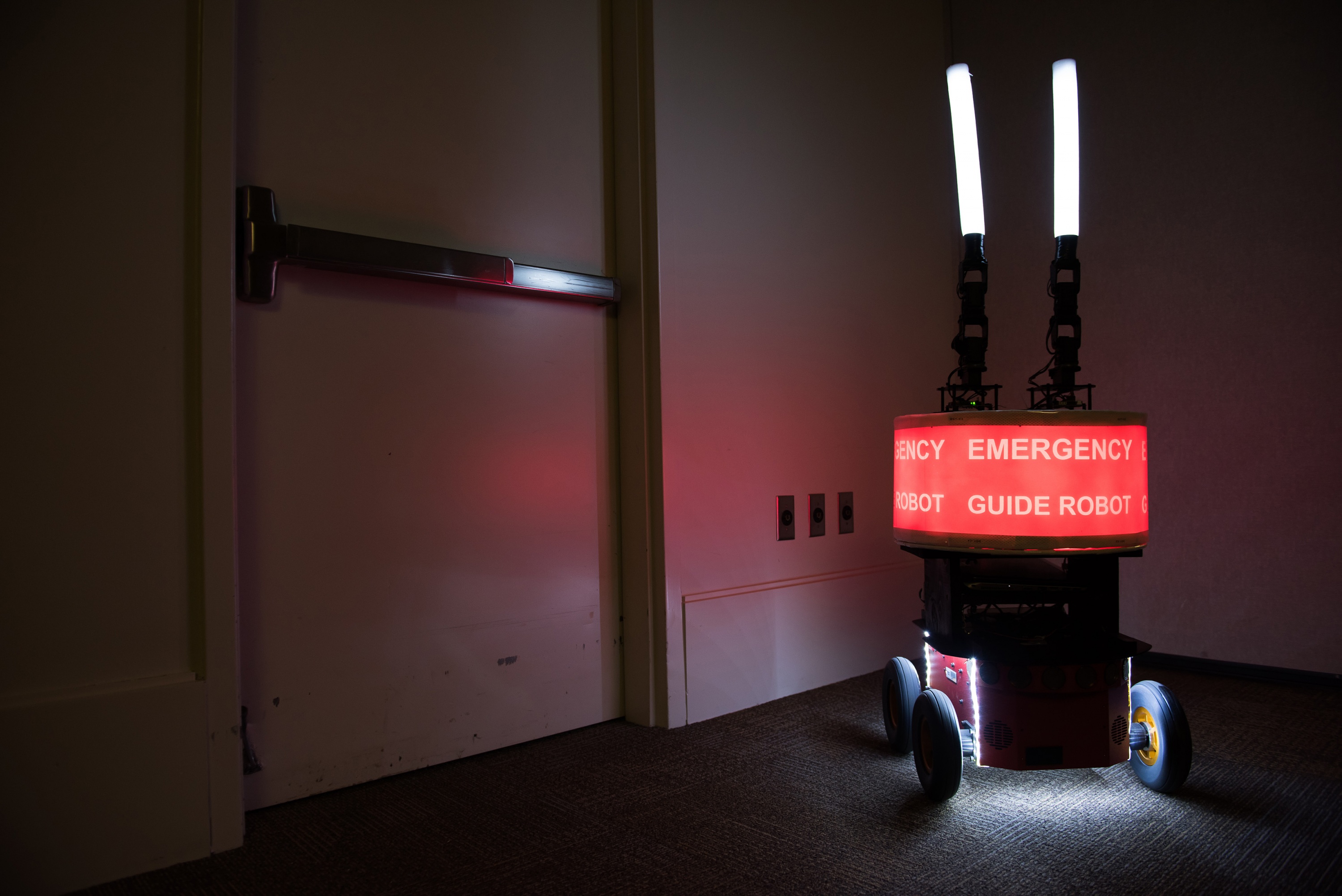 Georgia Tech researchers built the “Rescue Robot” to determine whether or not building occupants would trust a robot designed to help them evacuate a high-rise in case of fire or other emergency. (Credit: Rob Felt, Georgia Tech)