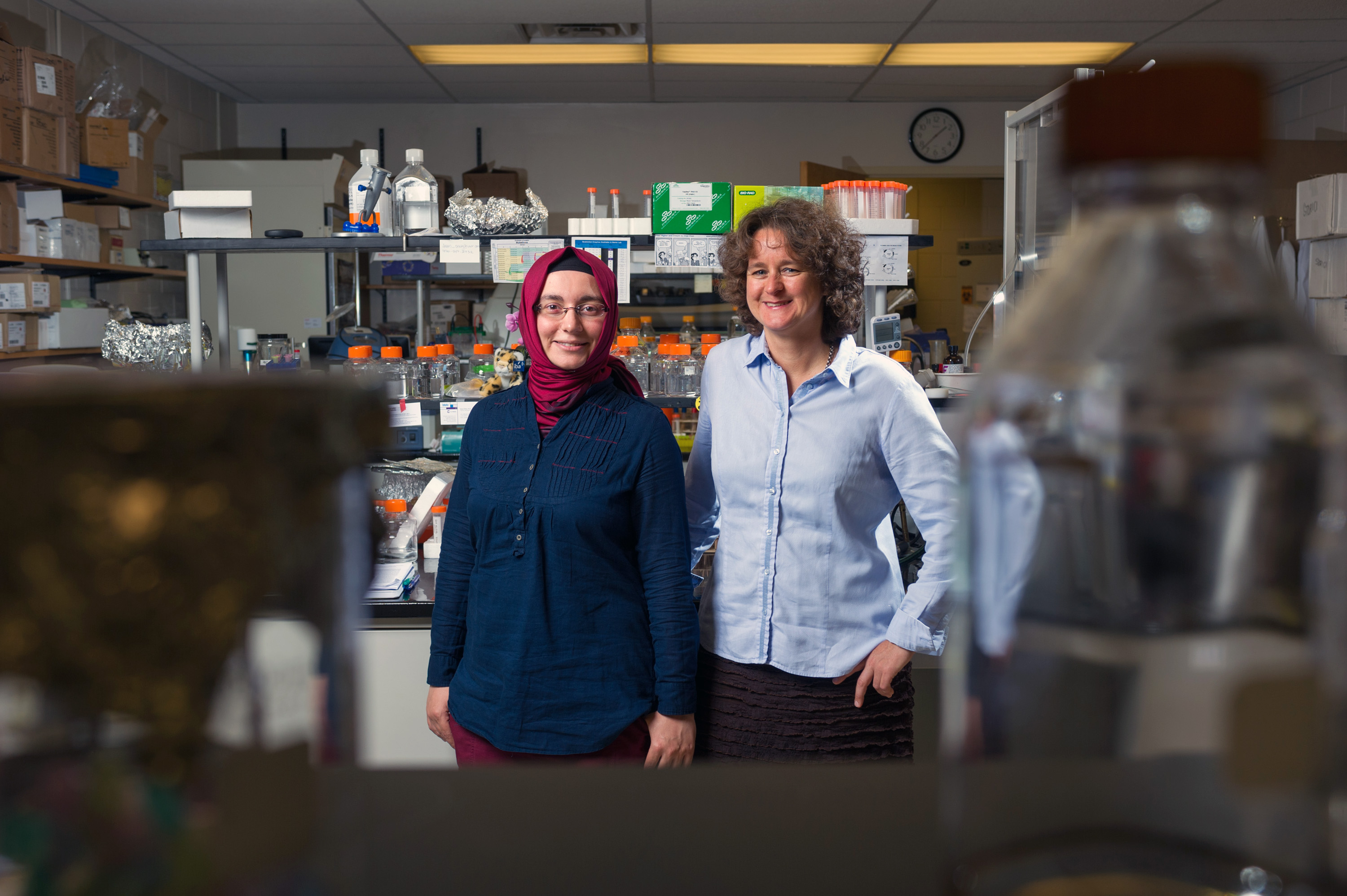 Georgia Tech graduate student Havva Keskin (left) and associate professor Francesca Storici are shown in a laboratory at the School of Biology. (Georgia Tech Photo: Rob Felt).