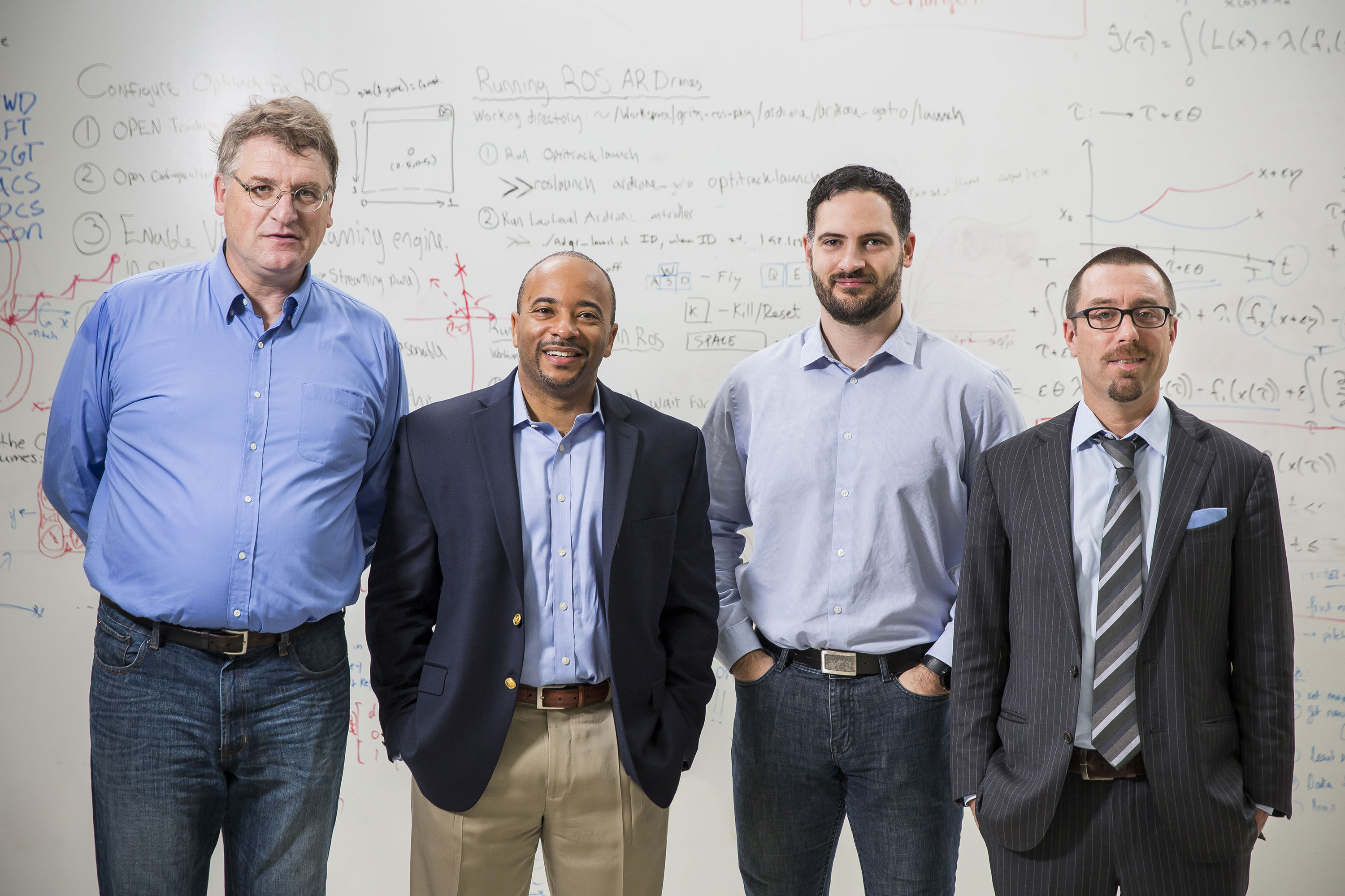 Georgia Tech faculty members Eric Feron, Raheem Beyah, Aaron Ames and Magnus Egerstedt are collaborating on the Robotarium (photo by Raftermen Photography). 