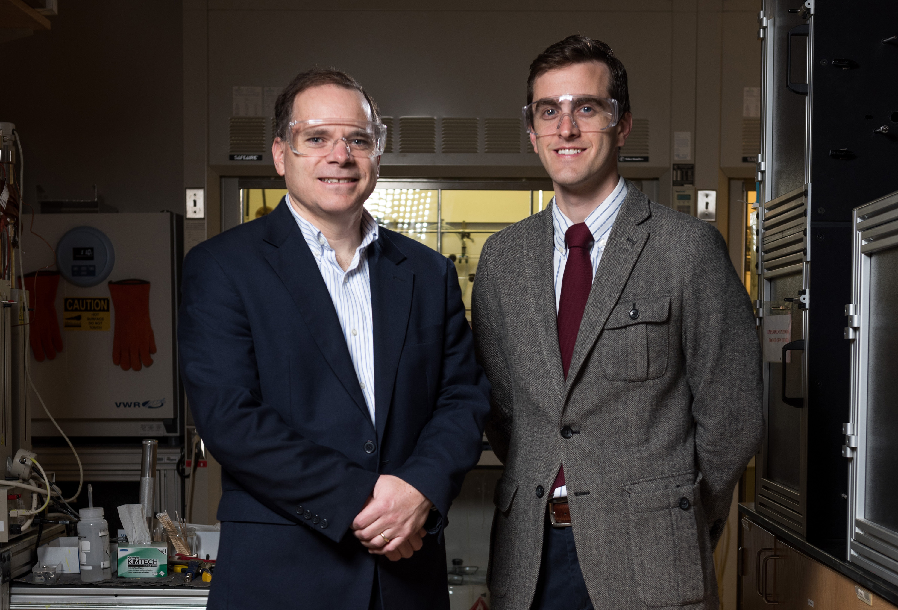 Thermally-based industrial chemical separation processes such as distillation now account for 10 to 15 percent of the world’s annual energy use. Researchers at the Georgia Institution of Technology are suggesting seven energy-intensive separation processes they believe should be the top targets for research into low-energy purification technologies. Shown are (l-r) David Sholl and Ryan Lively. (Credit: Rob Felt, Georgia Tech)