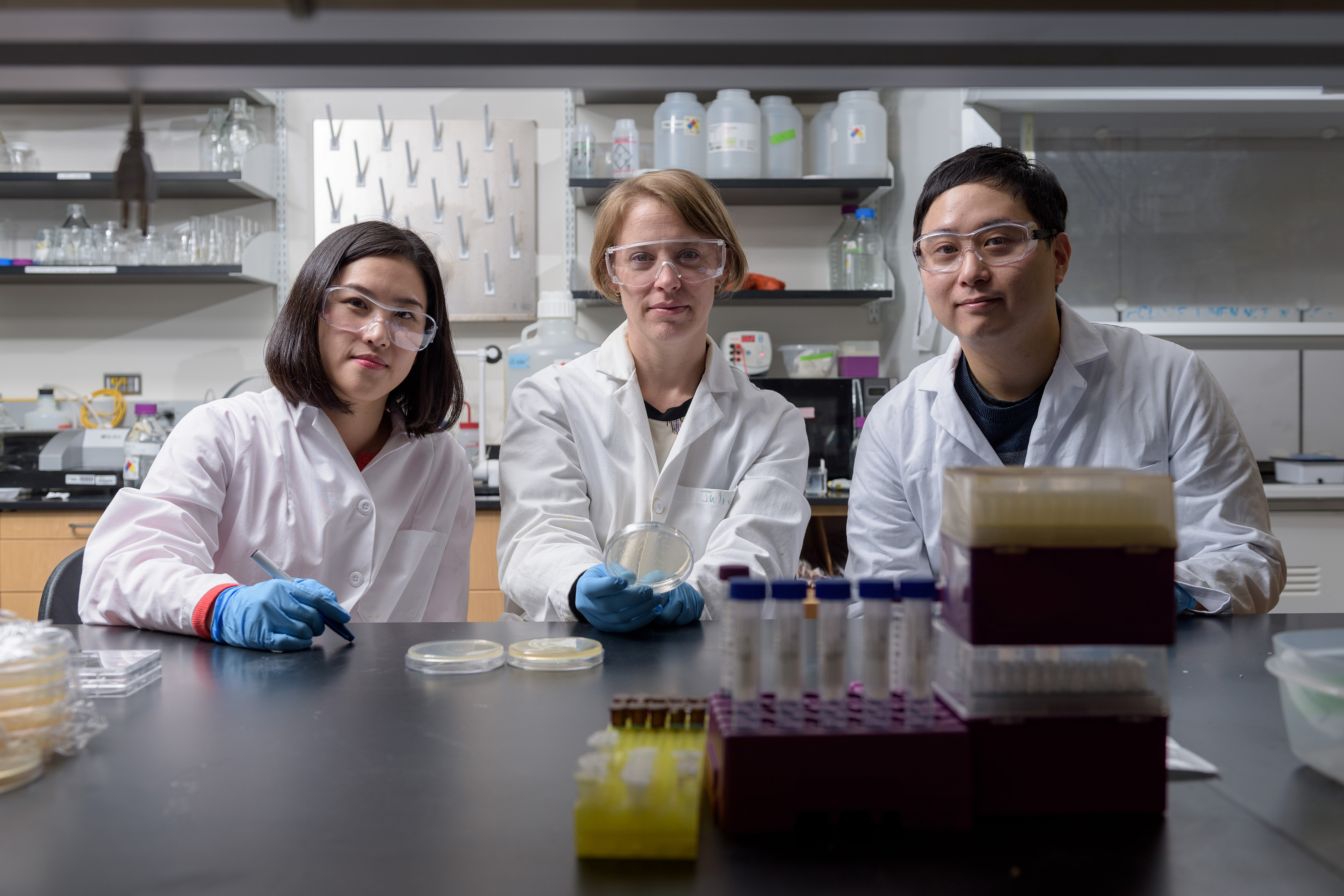 Postdoctoral Fellow Yeongseon Jang, Associate Professor Julie Champion and Postdoctoral Fellow Won Tae Choi are shown in Champion’s laboratory at Georgia Tech. With Professor Dennis Hess (not shown), the researchers developed a new nanotextured surface for stainless steel that kills common bacteria. (Credit: Rob Felt, Georgia Tech)