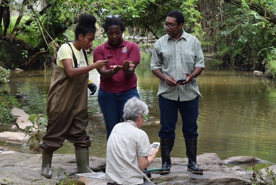 One of the SLS interns works with her host group in hands-on research. (Credit: Center for Serve-Learn-Sustain)