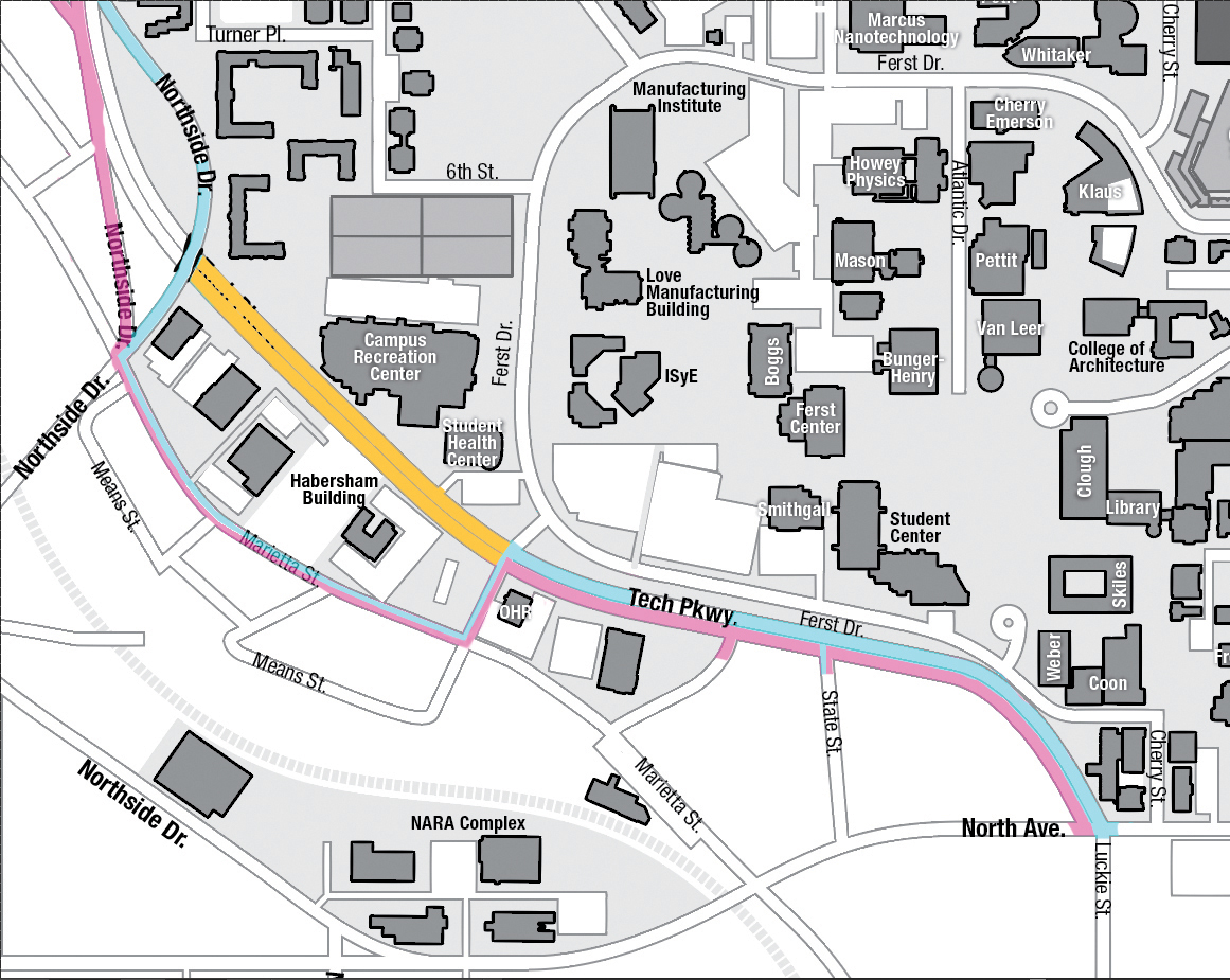 The Tech Parkway project’s first phase will occur between Northside Drive and Means Street (in yellow). This will require a brief road closure, and require alternate routes for those traveling north (blue) and south (pink). The segment will reopen to cars during the summer.