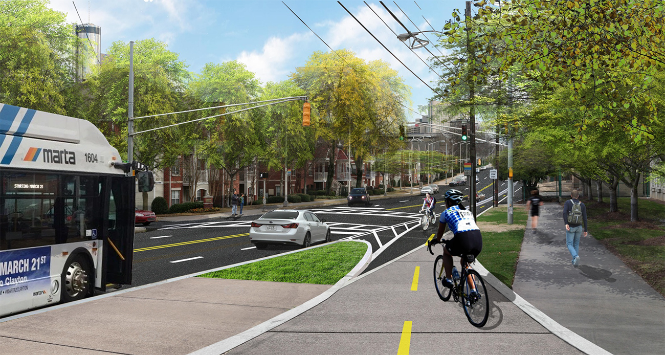 The bicycle path on Tech Parkway will proceed south on Luckie Street from Tech's campus, leading to a bike boulevard.
