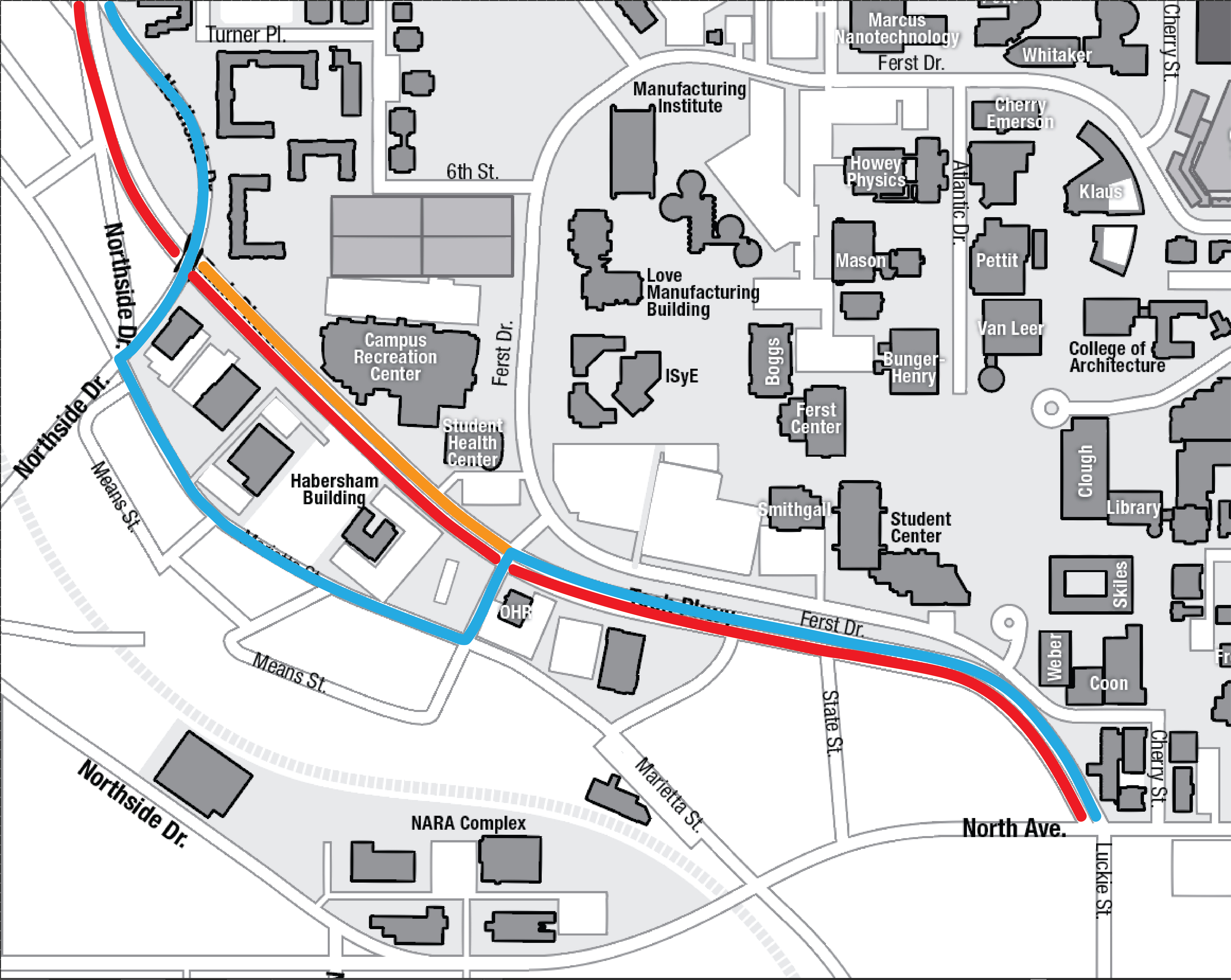 Tech Parkway traffic re-routing beginning October 3. The orange indicates where traffic is closed for northbound drivers. Northbound traffic should follow the blue route to Northside Drive. Southband traffic will continue via the path in red. 