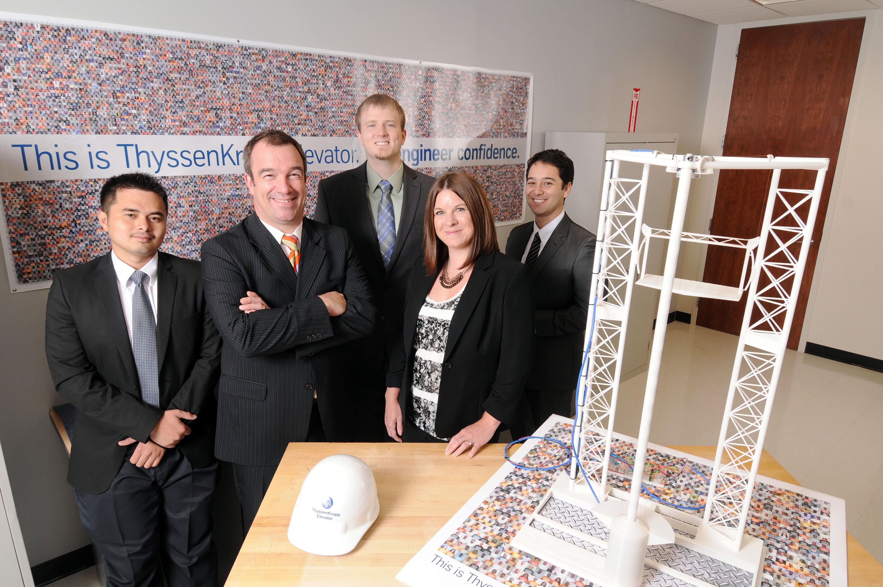 Staff members at the ThyssenKrupp Elevator Americas innovation facility in the Centergy building include (left to right) Dat Le, Thomas Felis, Michael Bray, Dawn Davis-Couture and Shawn Park. (Georgia Tech Photo: Gary Meek)