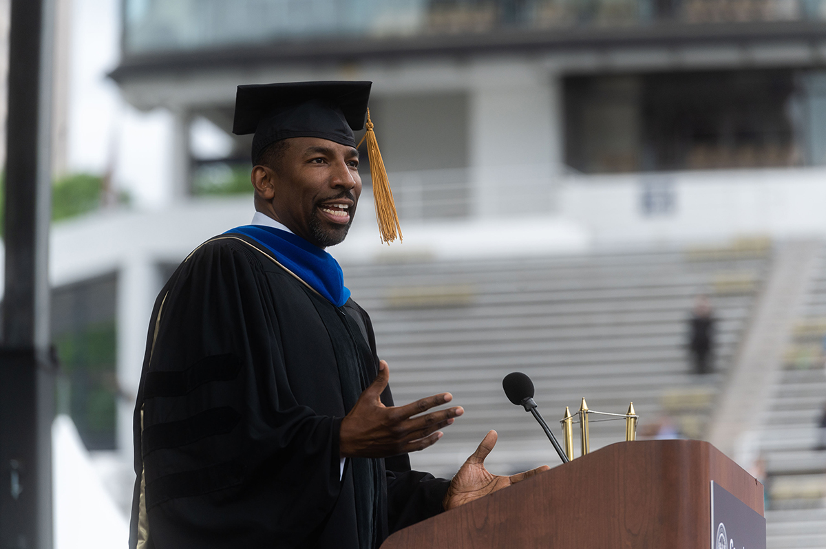 Mayor Andre Dickens speaks at the Georgia Tech Spring 2022 Afternoon Bachelor's Commencement Ceremony.