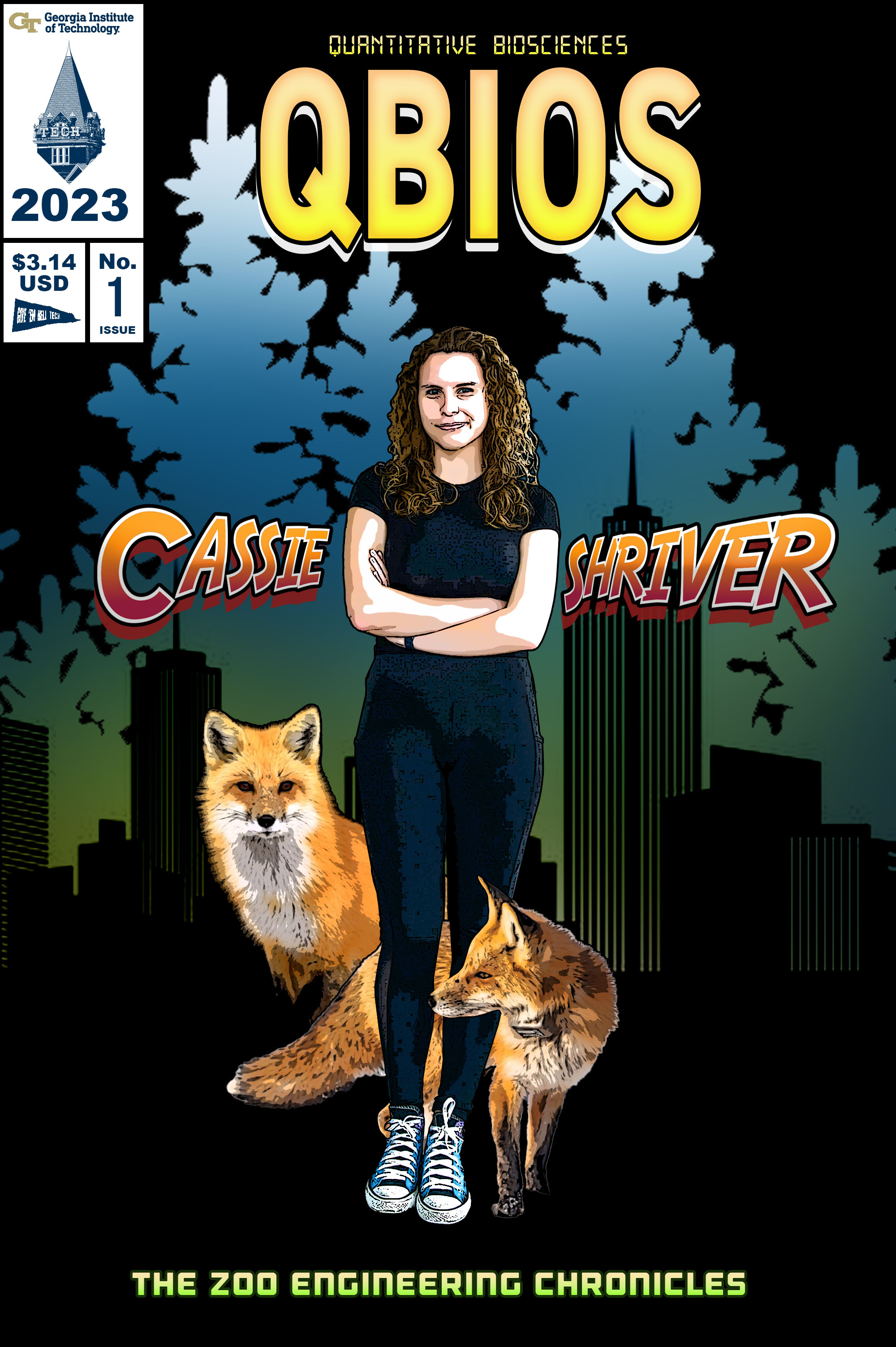 A comic book stylization of Cassie Shriver titled, "QBIOS"
