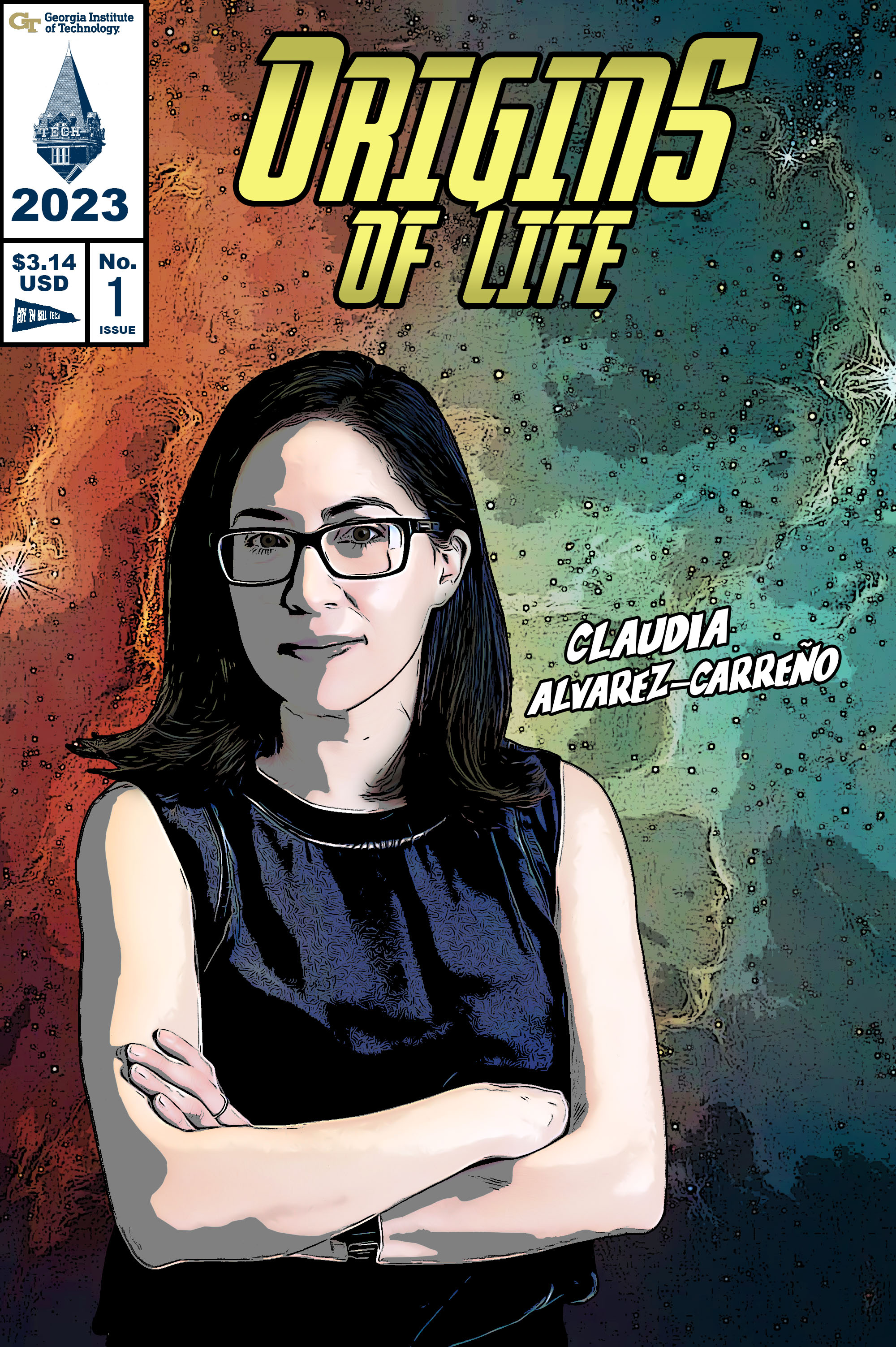 A comic book stylization of Claudia Alvarez-Carreno titled, "Origins of Life""