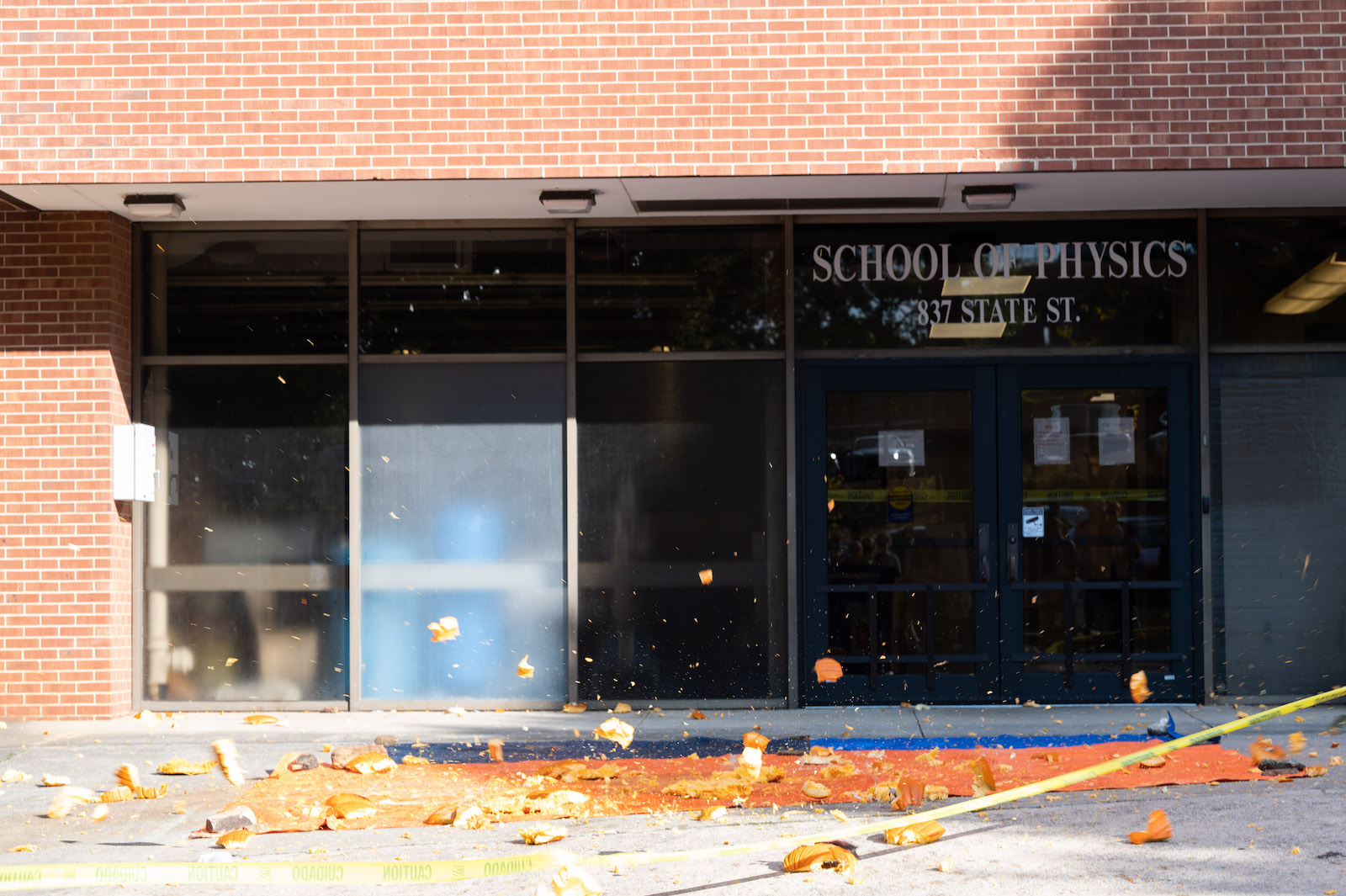 Pumpkins spattler after being dropped from the top of the Howey Physics Building. 