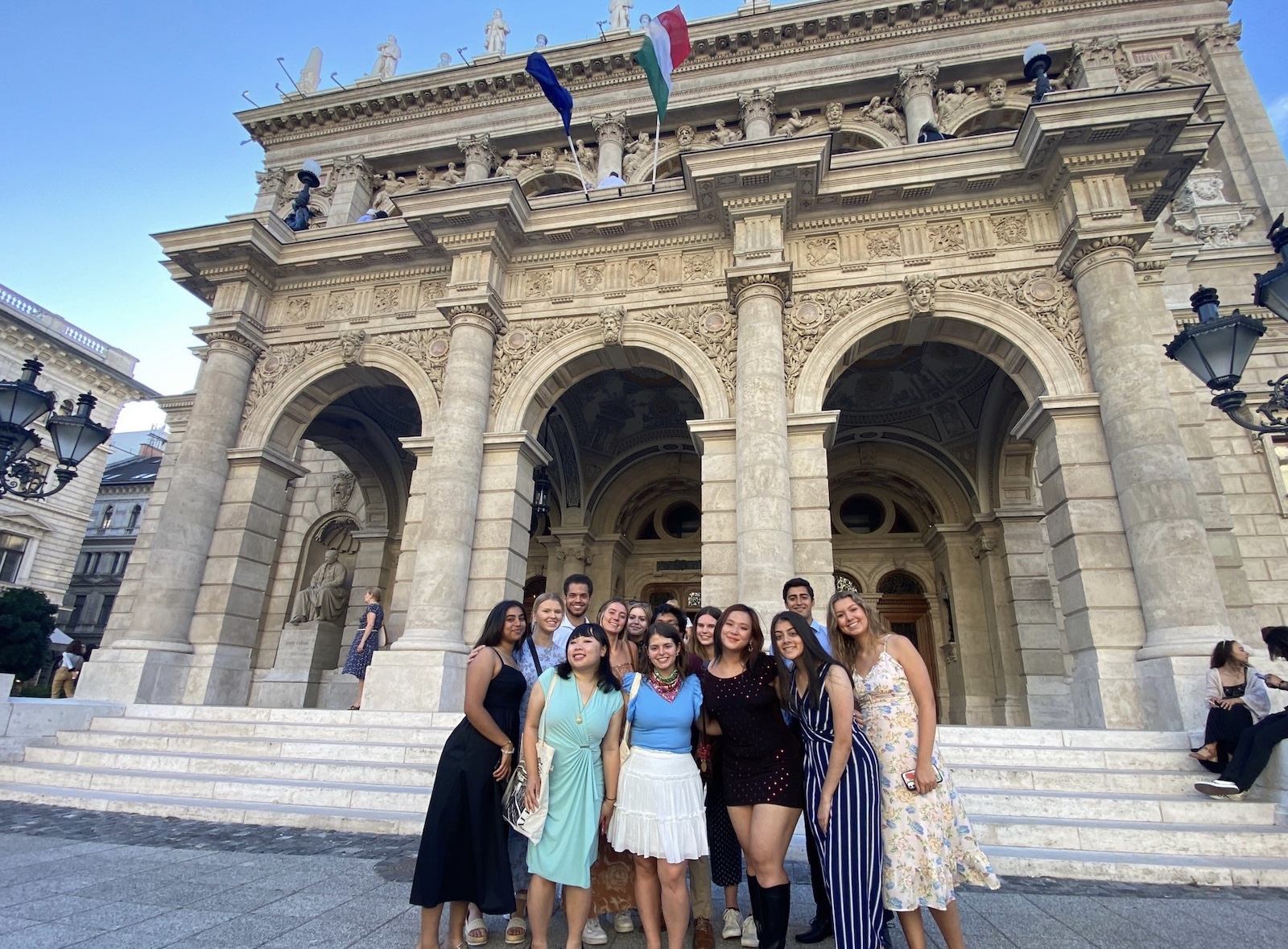 students in front of Hungarian Opera House in Budapest