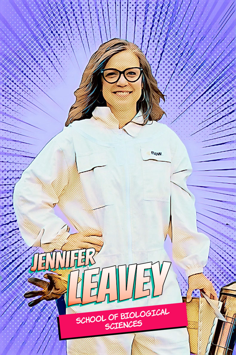 Jennifer Leavey with colorized, comic-style treatment.