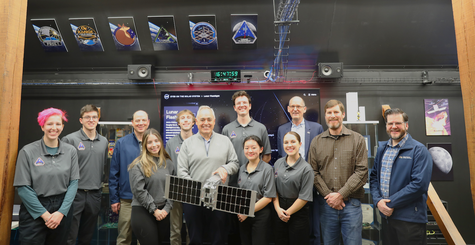 President Cabrera with faculty and students that are managing the Lunar Flashlight mission. 