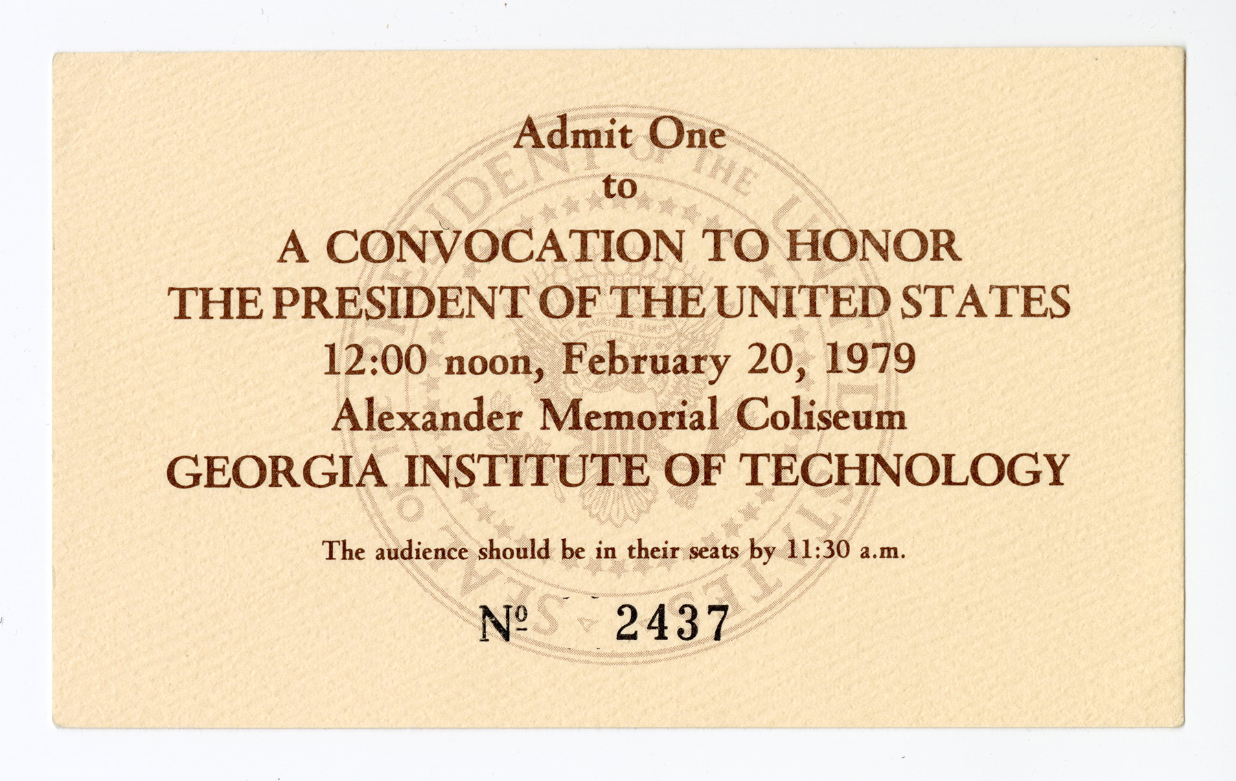 Ticket for Convocation to honor President Jimmy Carter Program, 1979, Box: 1, Folder: 5. John P. Culver Papers, MS162. Archives and Special Collections, Library, Georgia Institute of Technology.  