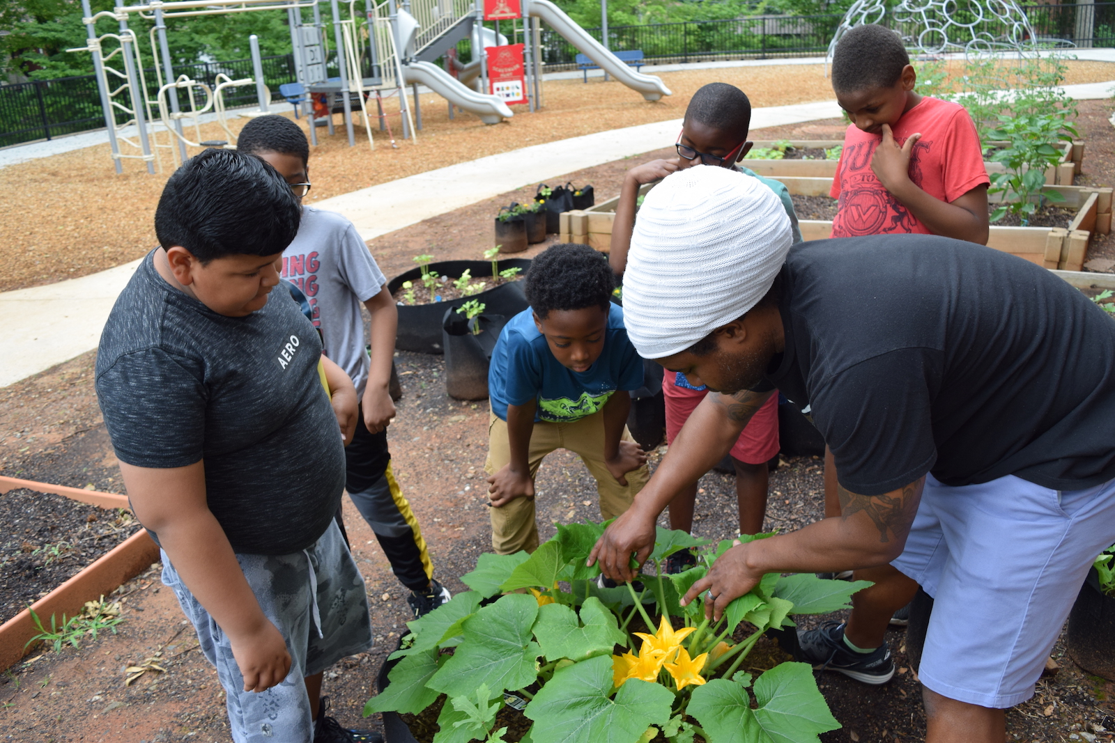 elementary students from Tuskegee Airmen Global Academy plant a garden