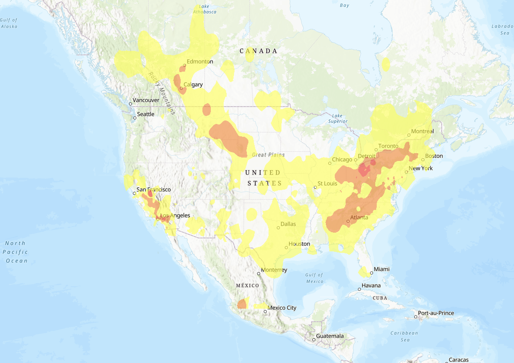 Map of United States showing dangerous red and orange levels of particulates in the air around Atlanta. 