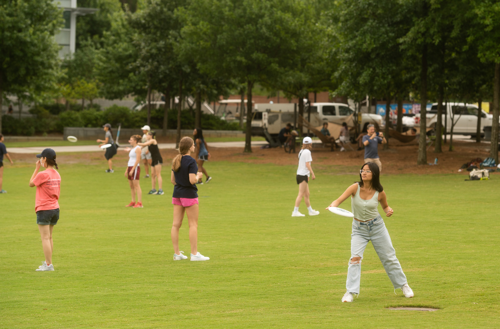Women's Ultimate Frisbee beginner's throwing event on Tech Lawn. 