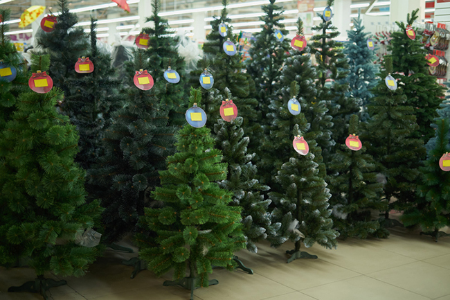 Christmas trees in a store.