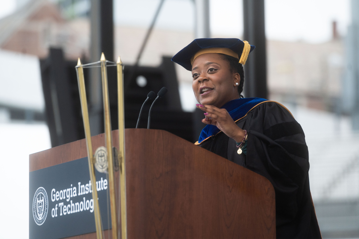 Nashlie Sephus speaks at Georgia Tech's Spring 2022 Ph.D. Commencement Ceremony.