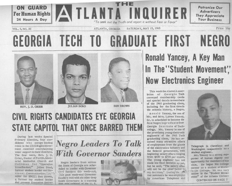 Ronald Yancey's graduation from Georgia Tech made the front page of The Atlanta Inquirer in May 1965.