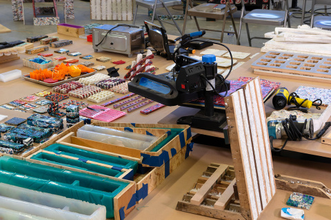 Stacks of repurposed plastics and supplies at the school of architecture