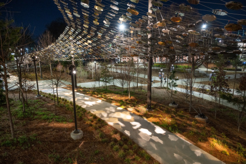 Pathway of Progress lit up at night
