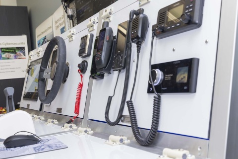 Lab equipment of a ship steering wheel and other electronic  measuring devices. 