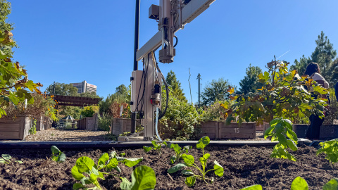 The FarmBot in Georgia Tech’s Community Garden serves as a test bed for designing related learning experiences and supporting partner schools in setting up their devices.  