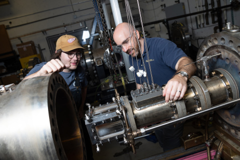 Aerospace Engineering professor Adam Steinberg works with a student in the Ben T. Zinn Combustion Laboratory.